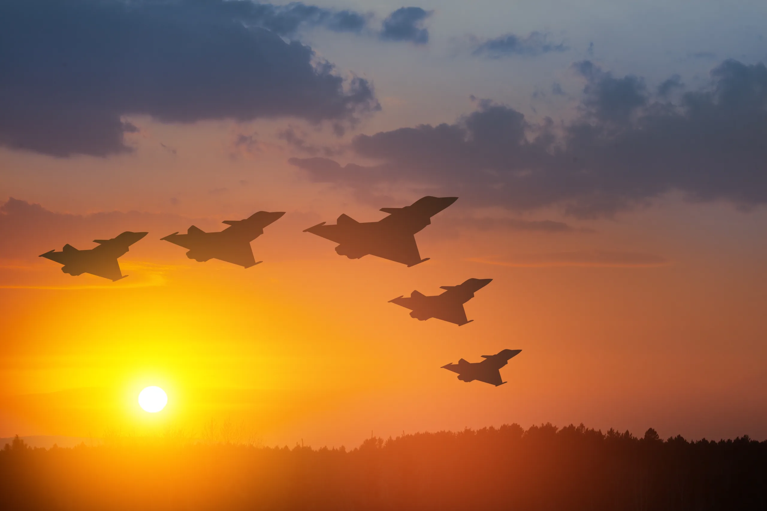 Air,Force,Day.,Aaircraft,Silhouettes,On,Background,Of,Sunset,Or